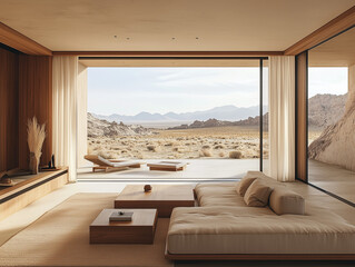 Fototapeta premium Minimalist Japandi Living Room with Natural Materials and Panoramic Windows on the desert, sand tones