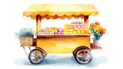 charming yellow candy cart filled with colorful sweets and flowers, evoking joyful atmosphere