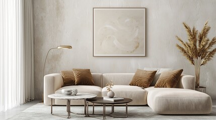 Modern elegant interior concept with an ISO A paper size wall poster framed in a minimalist design The neutral tones and contemporary decor set the perfect ambiance for the living space
