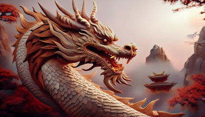Golden Dragon with Red Lanterns in Traditional Asian Temple Setting