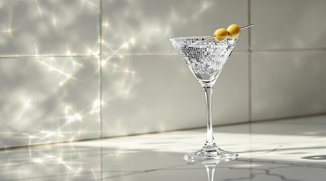 Elegant martini glass with olives, filled with a clear cocktail, set against a softly lit, textured background. Ideal for upscale bars, cocktail culture, and sophisticated lifestyle themes