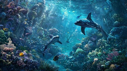 Fototapeta premium Dolphins swimming through a vibrant coral reef ecosystem underwater