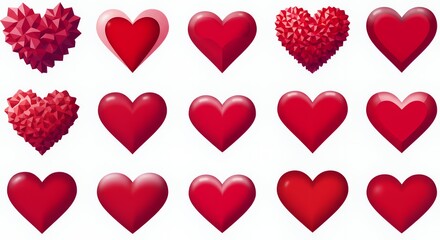 A collection of various heart shapes in red tones, showcasing different textures and designs.