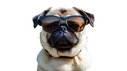 Pug wearing sunglasses enjoys sunny day outside