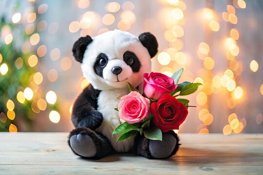 A documentary-style image: a plush panda embraced by soft pink watercolor roses.