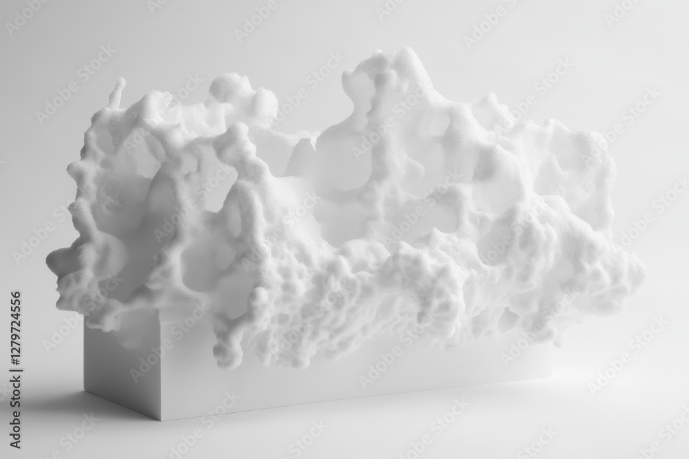 Fototapete White sculptural foam emerges from rectangular base in minimalist setting