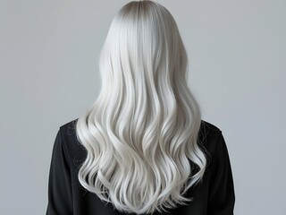 Rear view of woman with silver white hair, long wavy hairstyle. Lady with long platinum hair, perfect icy white hair, shiny silver hair 