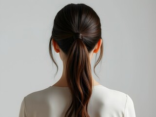 Rear view of woman with textured low ponytail hairstyle, plain background, elegant and natural look