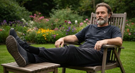 Obraz premium Bearded man relaxing in wooden chair amidst a vibrant flower garden