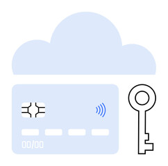 Credit card and key below a cloud symbolizing secure digital storage, authentication, and data safety. Ideal for online security, fintech, cloud computing, data protection, privacy, access control