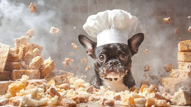 Charming Dog Chef Surrounded by Delicious Broken Treats and Crumbs