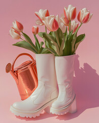 White boots serve as vases, filled with tulips, against a pink minimalist backdrop.