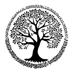Black Tree of Life with Leaf Border Design