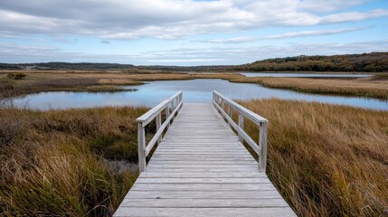 Obraz premium Wooden boardwalk leads into a calm marshland under a cloudy sky during daytime.