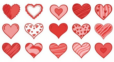 A collection of various heart designs in red and pink tones, symbolizing love and affection.