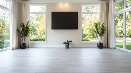 Modern sunlit room with TV, plants, and hardwood floor