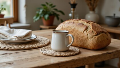 Freshly Baked Bread on Rustic Wooden Table with Mug and Natural Elements in Cozy Kitchen