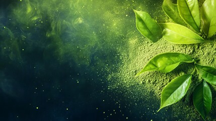 Obraz premium Vibrant Green Matcha Powder and Fresh Leaves Artistic Background Image Premium Quality Natural Tea Design Element Lush Greenery Healthy Drink 