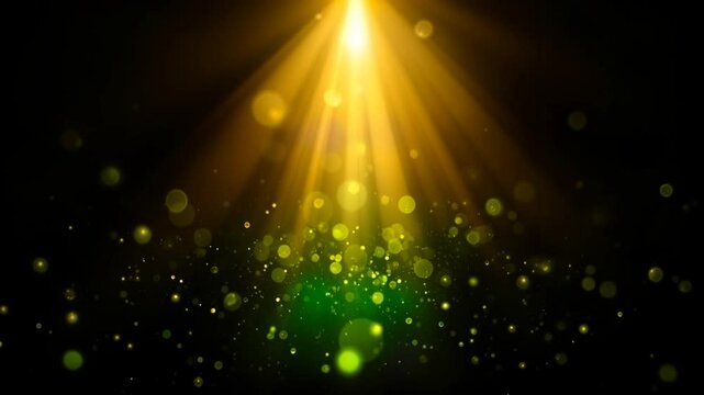 Rays of the sun directly from above, shimmering green bubles below, black background with golden and green bokeh and green particles.