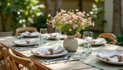 Fototapeta premium Beautiful outdoor dining setup with table, flowers, plates, glasses, and sunlight in garden