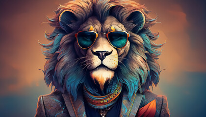 Fototapeta premium Colorful Lion in Suit: Vibrant Digital Art of a Lion