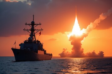 U.S. Navy Destroyer Launching Missile at Sunset Over the Ocean, Showcasing Military Power and Naval Technology