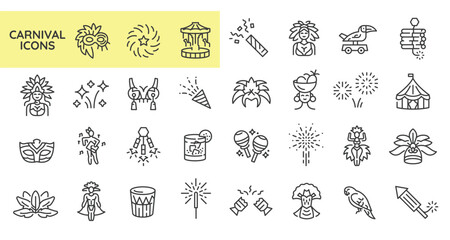 Carnival icons. Set of 31 carnival trendy minimal icons. Example: Mask, Dancer, Costume, Parrot, Cocktail icon. Design signs for web page, mobile app, packaging design. Vector illustration