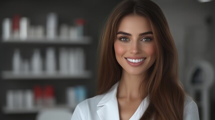 Fototapeta premium A young woman with long hair smiling confidently in a modern clinic setting.