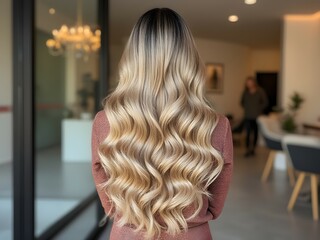 Rear view of a woman with blonde ombre hairstyle, long wavy hair, blonde color hair extensions