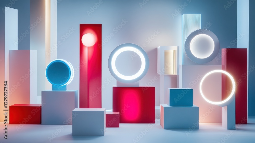 Poster abstract arrangement of colorful geometric shapes illuminated by soft lighting in a studio setting