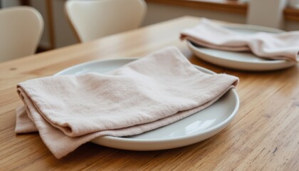 Elegant table setting with soft linen napkins on minimalist wooden dining table
