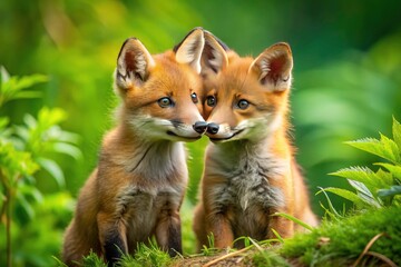 Obraz premium Cute red fox cubs ( Vulpes vulpes) captured in a heartwarming duo, a stunning nature photograph.