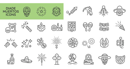 Dia de Muertos icons. Set of 31 Day of the Dead-themed trendy minimal icons. Sugar Skull, Marigold Flower, Cross, Sombrero, Skull Candle icon. Design signs for web pages, apps. Vector illustration