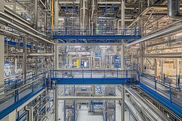 Intricate industrial interior showcasing complex network of pipes, walkways, and machinery.  High-angle view reveals the scale and complexity of the manufacturing process.
