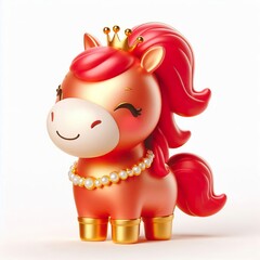 A cute 3d red gold horse as a princess, funny, happy, smile, white background