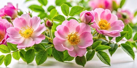 Naklejka premium Delicate pink dog rose flowers and lush green leaves, beautifully isolated on a stark white background.