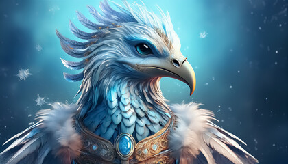 Majestic Blue Phoenix with Crown in Winter Wonderland