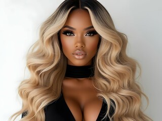 Stunning black woman with blonde ombre hairstyle, long wavy hair, blonde color hair extensions and elegant makeup, portrait