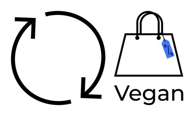 Circular arrows representing recycling next to shopping bag labeled vegan. Ideal for sustainability, eco-friendly shopping, ethical consumption, vegan lifestyle, recycling, minimalism, and zero waste