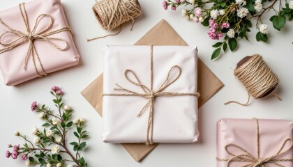 Fototapeta premium Beautifully Wrapped Gifts with Twine and Fresh Flowers on a Light Background