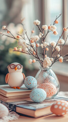 Obraz premium A table features two decorations: wooden bird-shaped Easter eggs and glass vases filled with colorful eggs, set against a unique pastel pink background. 