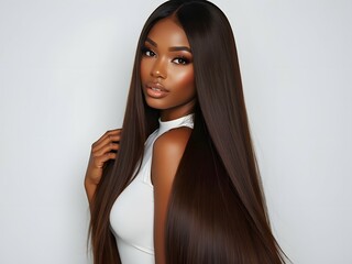 Stunning black woman with long shiny straight hair, flat ironed, medium brown hair extensions, profile beauty shot