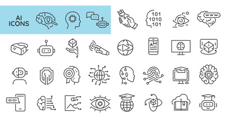 AI technology icons. Set of 31 AI technology minimal icons. Brain, Microchip, AI Interface, Robotics, Binary Code icon. Design signs for web page, mobile app, packaging design. Vector illustration.