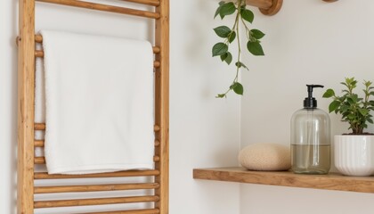 Cozy Bathroom Decor with Bamboo Towel Rack, Green Plants, and Natural Elements