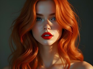 Obraz premium Stunning ginger woman, wavy red hair, red lipstick and green eyes. Red-haired woman portrait, red hair inspiration