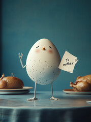 A cartoon white egg with arms and legs stands on a table holding an envelope that says "To mother," with a roasted chicken in front of it.