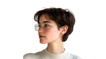 Short haired model with glasses, side view
