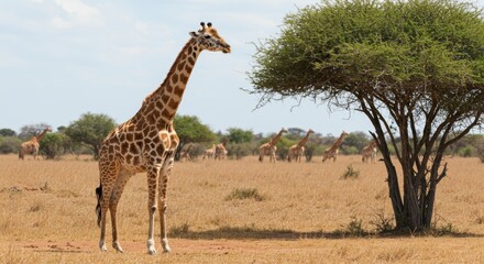 Obraz premium Serene African Savanna Vista with Giraffe Herd Grazing Under the Sun