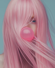 A woman with long, straight pink hair covering her face has a popped pink bubble gum balloon stuck in her hair. Minimal creative fashion concept. Copy space. Advertisement for hair salons.

