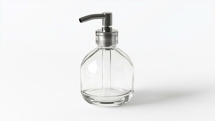 Ultra-realistic image of a transparent glass vinegar dispenser with a stainless steel spout, isolated on a white background
